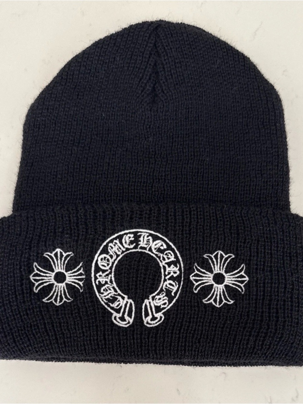Chrome Hearts Kids Black Beanie with White Embroidered Horseshoe & Cross Logos